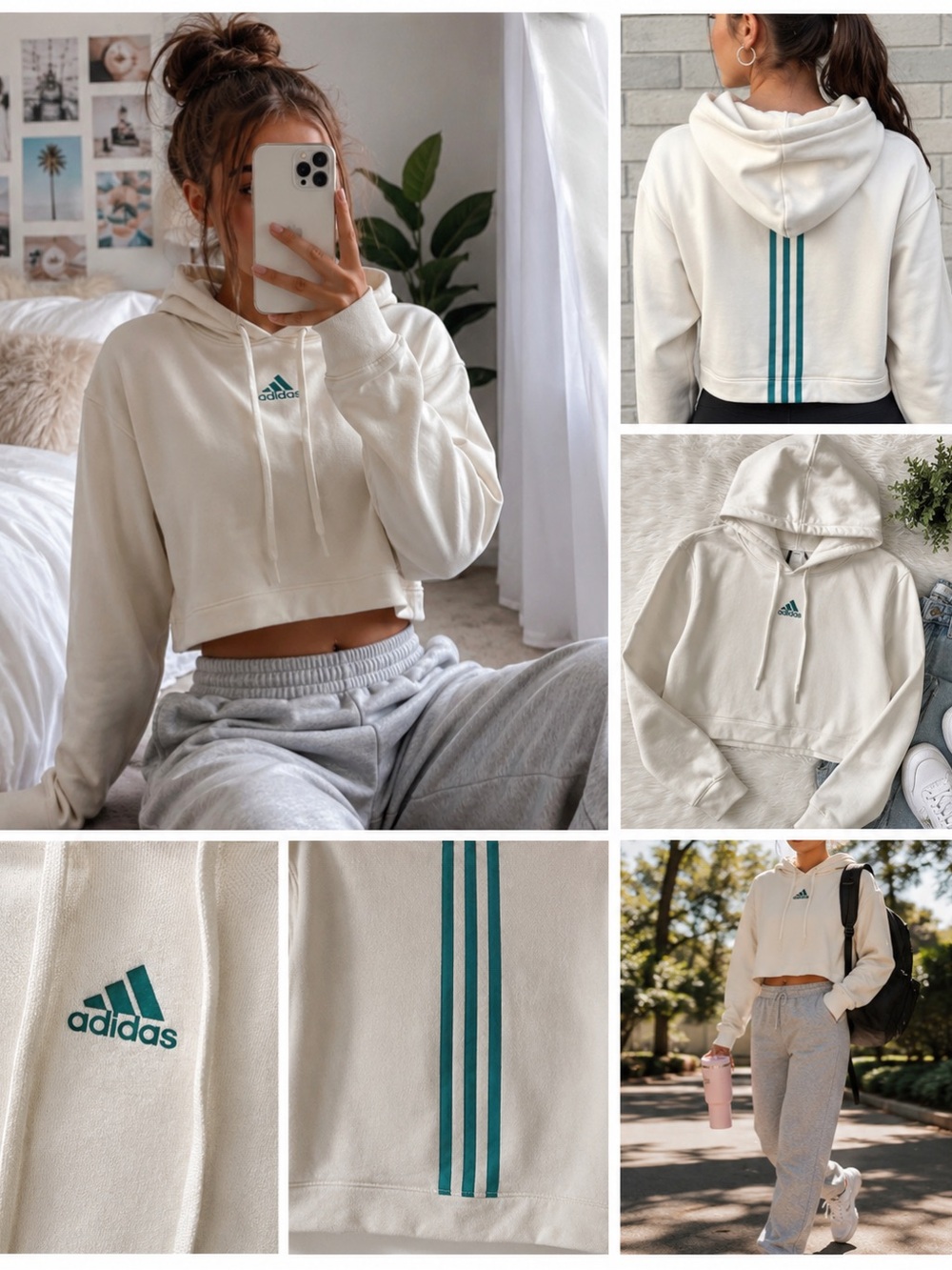 Adidas Hoodie Youth Girls XL 16/18 Cropped White Teal 3 Stripe Logo Sweatshirt